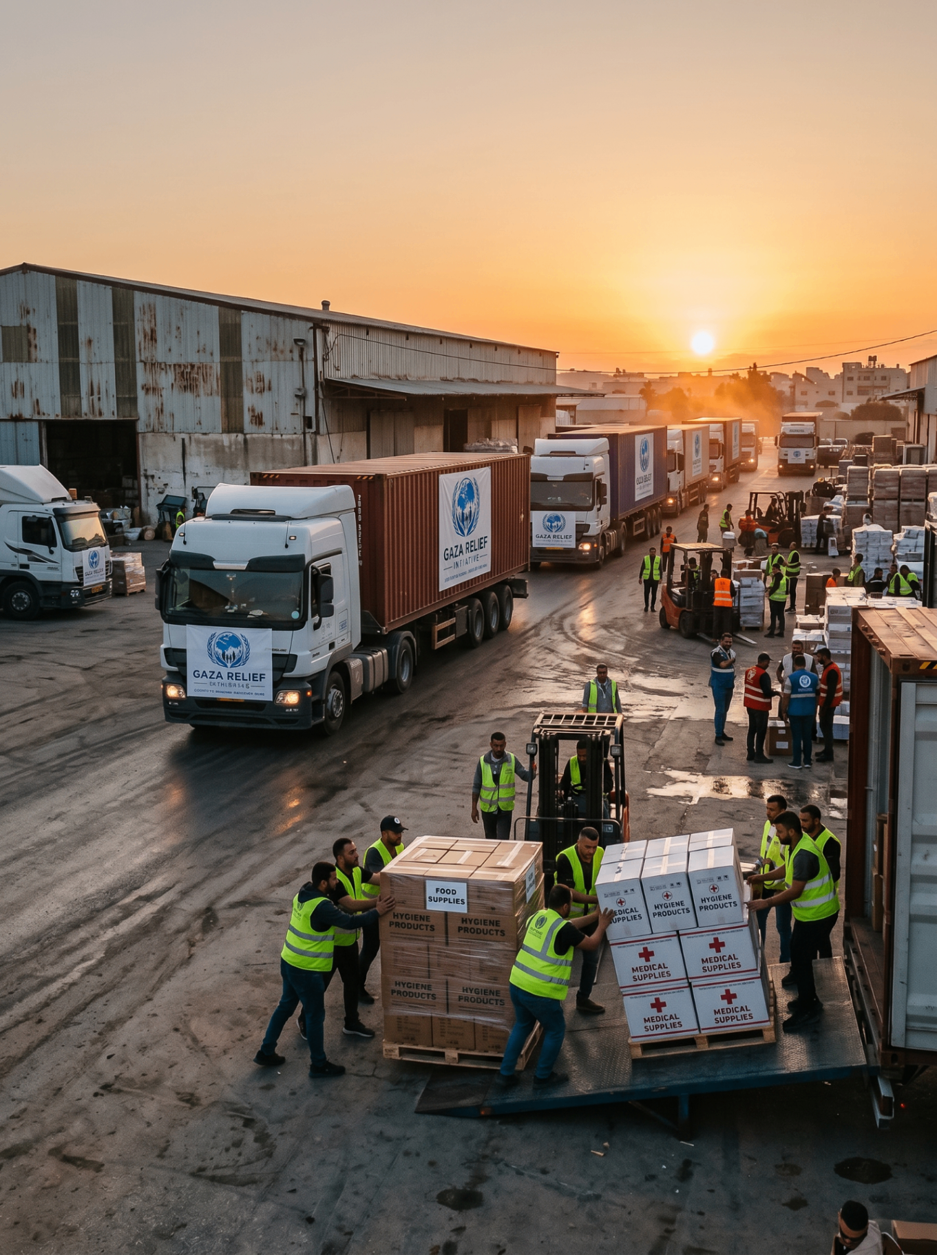 Convoy operations moving aid at sunset