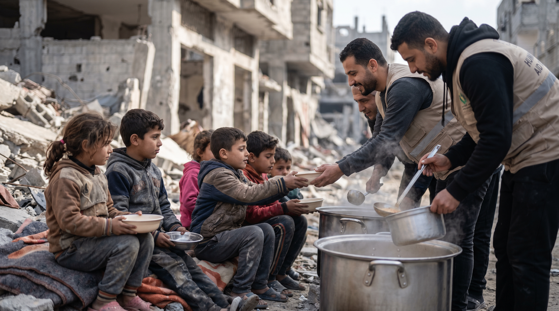Aid workers serving hot meals to displaced children amid the rubble